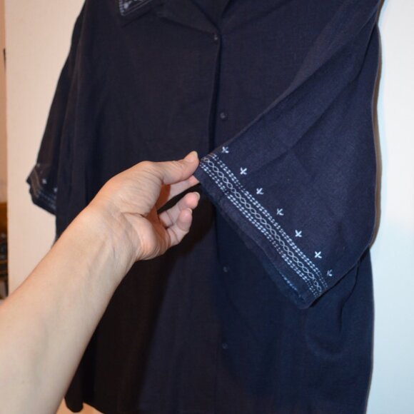 STUDIO WORKS Woman Linen-Rayon Navy Blue Button-Down Shirt Embroidery 2X - Picture 4 of 9
